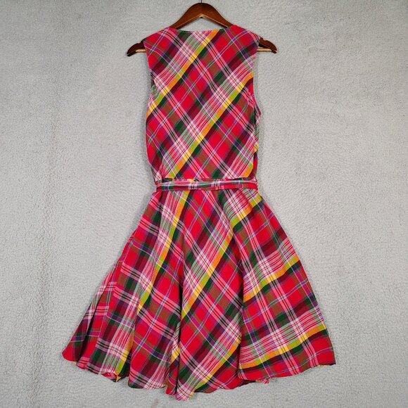 Lauren Ralph Lauren Midi Dress Women's 12 Red Multi Plaid Crinkle Surplice Neck - Picture 11 of 11